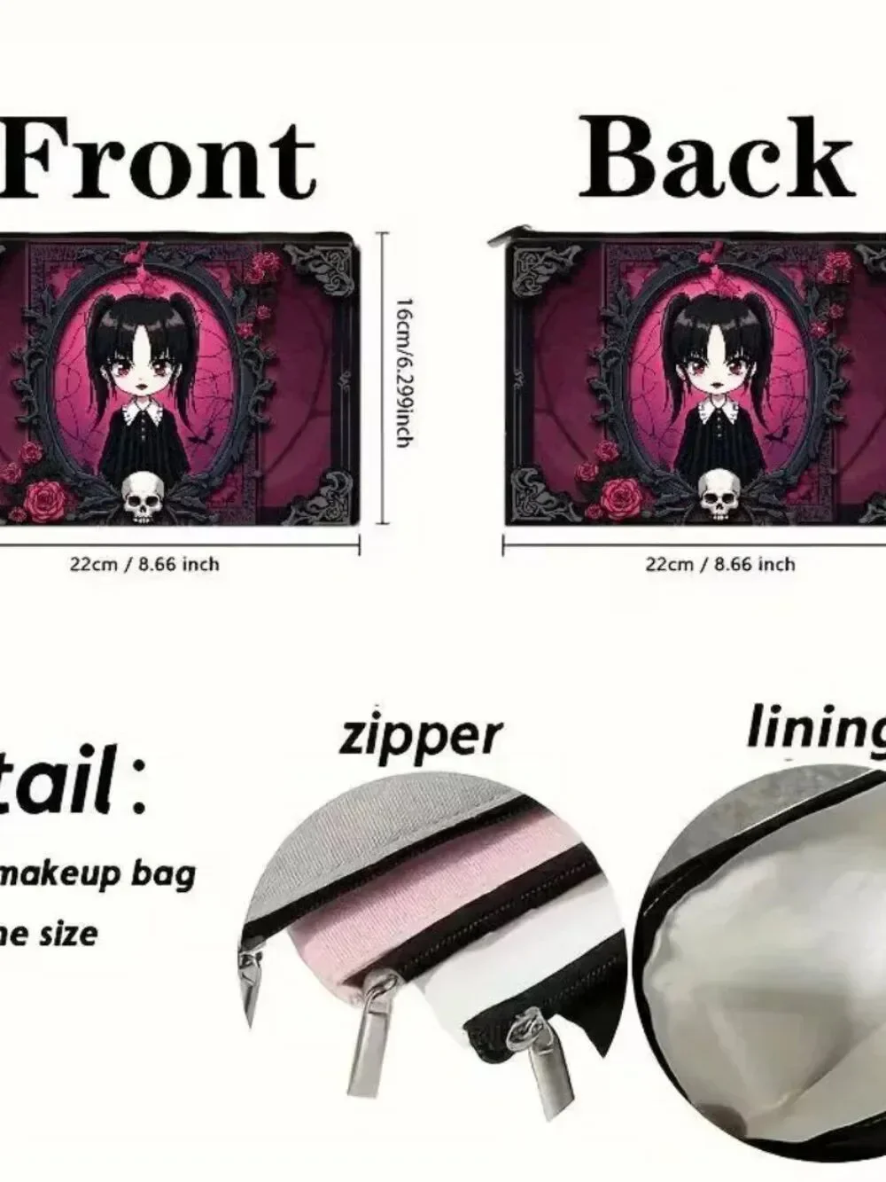 Halloween Gothic Anime Girl Dark Academia Makeup Bag Double-Sided 6.3